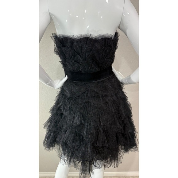 Tadashi Shoji Black Tulle Ruffled Silk Contrast Strapless Bustier Dress Sz 4 - Picture 8 of 12
